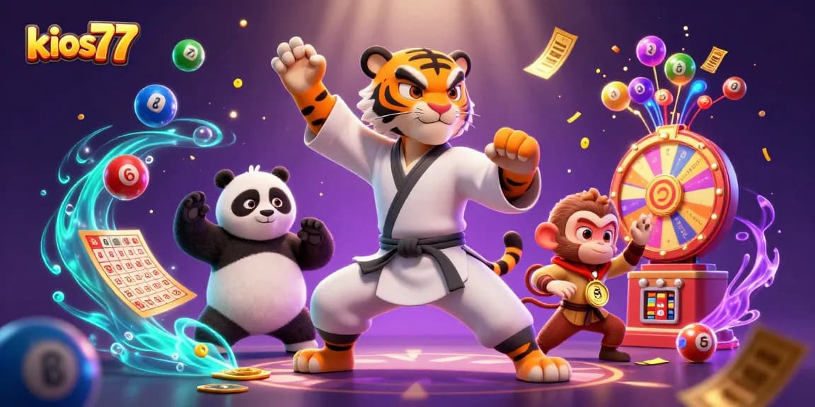 Kios77 gaming scene featuring kung fu tiger master with panda disciple and monkey stealing medal