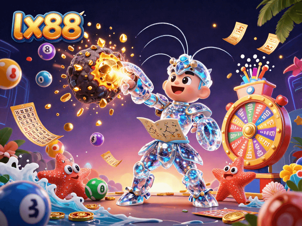 Experience the excitement of lx88 with colorful lottery balls, golden prizes, and a dynamic galactic scene.