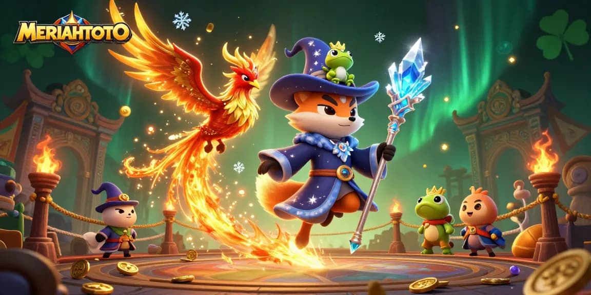 Menghadirkan MERIAHTOTO dalam ilustrasi kasino 3D, dengan penyihir rubah, phoenix, dan objek kasino menarik.