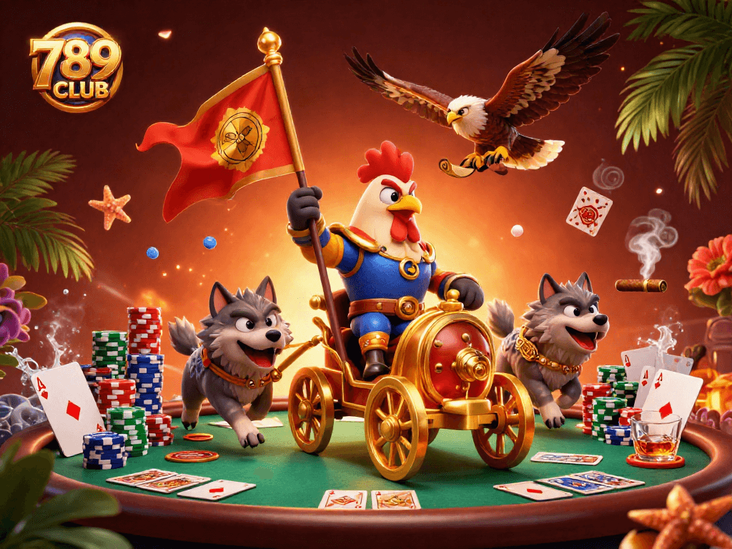 Engage with thrilling games at 789CLUB, illustrated by a 3D rooster warlord in casino battle.