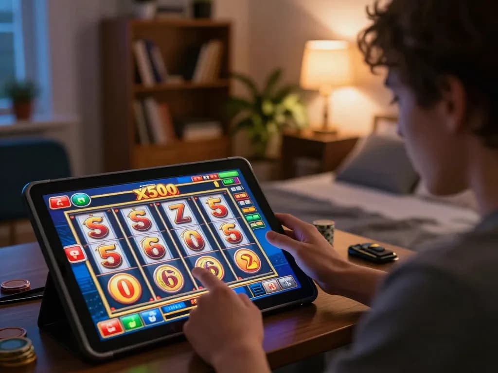 Engaging in Slot x500 gameplay on tablet, showcasing strategic betting maneuvering, cozy home environment