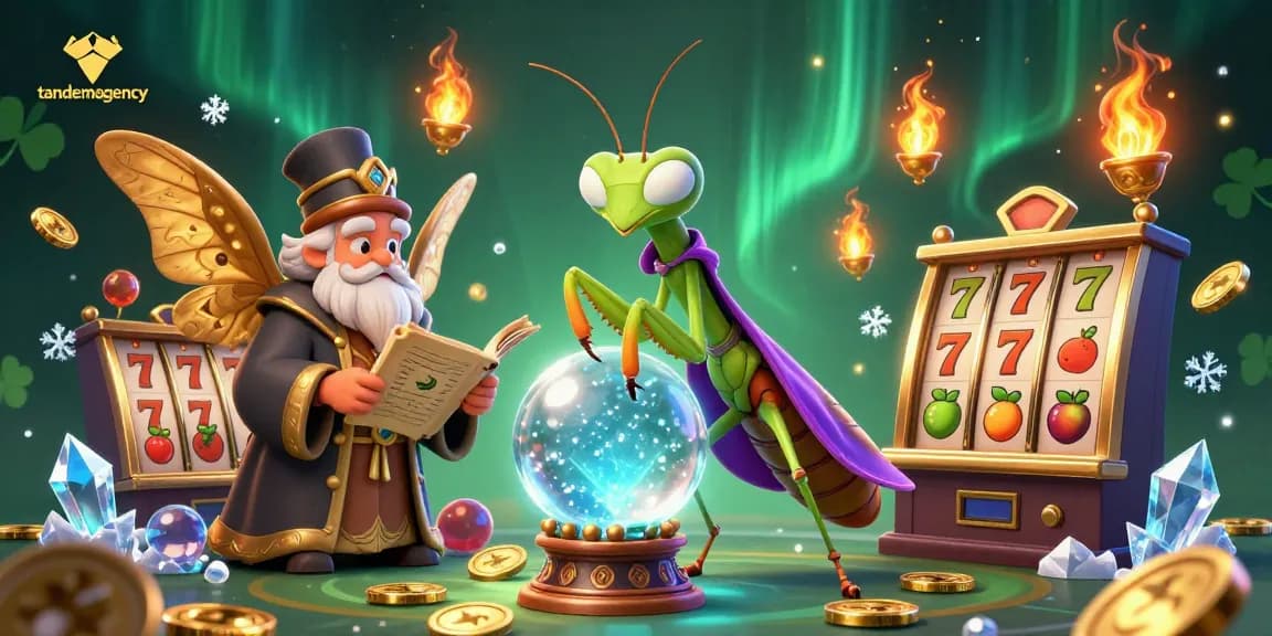 Engaging casino scene featuring tandemagency's mystical characters surrounded by slot elements and gold coins.