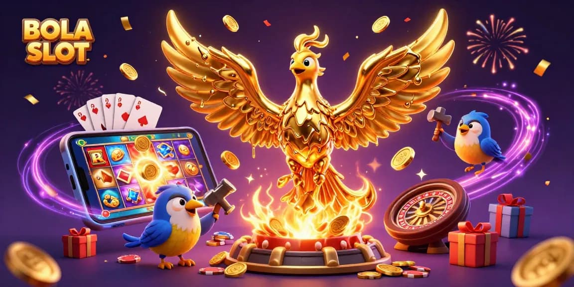 BOLA SLOT showcases an exciting 3D illustration of a golden phoenix and casino elements, symbolizing thrilling gaming.