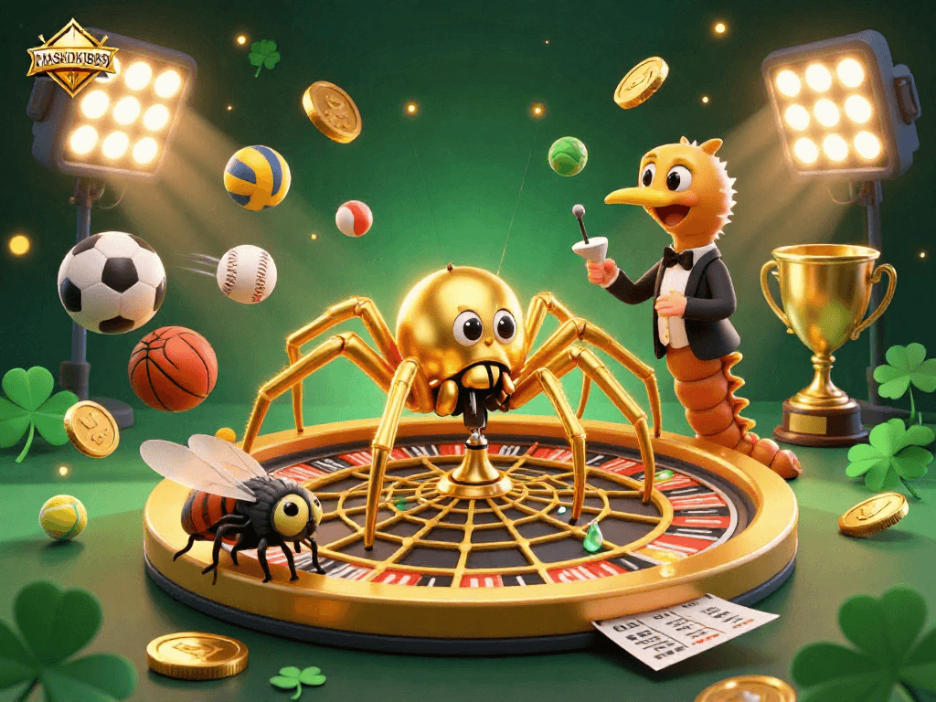 Experience thrilling bets with MASKOKI889 in a vibrant casino scene featuring animated characters and sports elements.