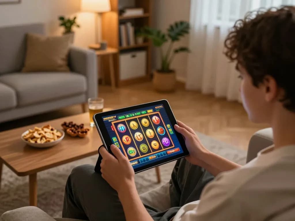 Menghadapi permainan slot di OKESLOT dalam suasana nyaman di rumah dengan gulungan yang cerah ditampilkan.