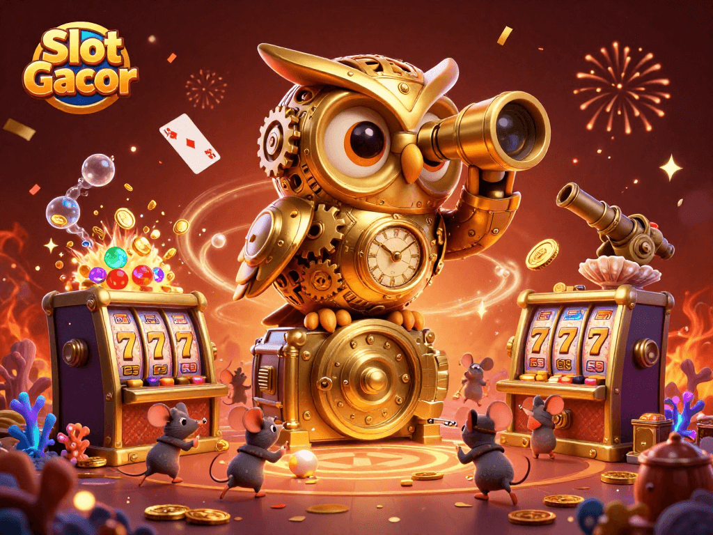 Experience the thrill of Slot Gacor with this dynamic illustration showing an owl scanning the casino floor.