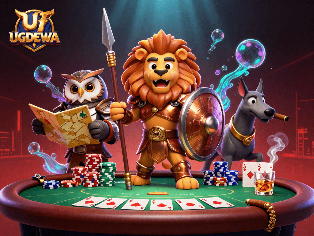 Engage with UGDEWA's thrilling poker scene featuring a Spartan lion and strategic owl.