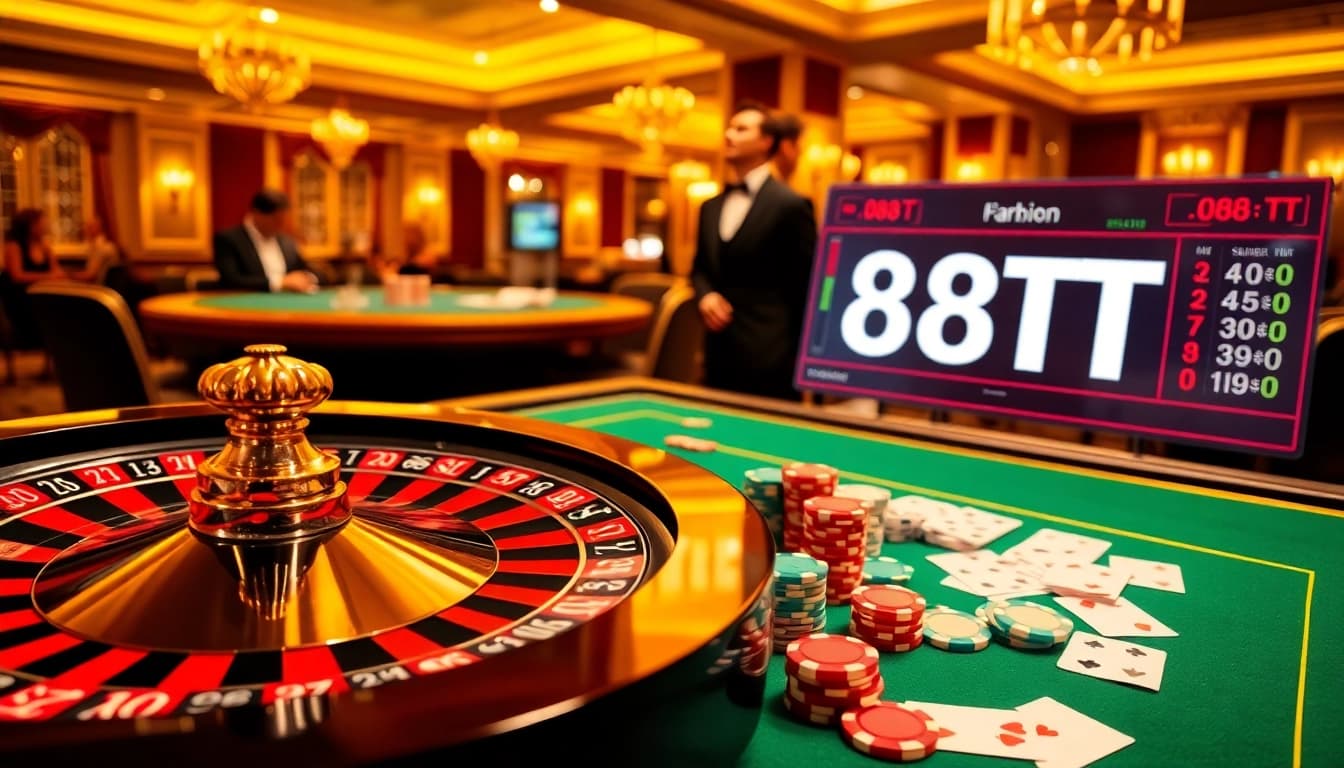 Experience the excitement of gambling at 88TT with vibrant casino tables, chips, and a live dealer.