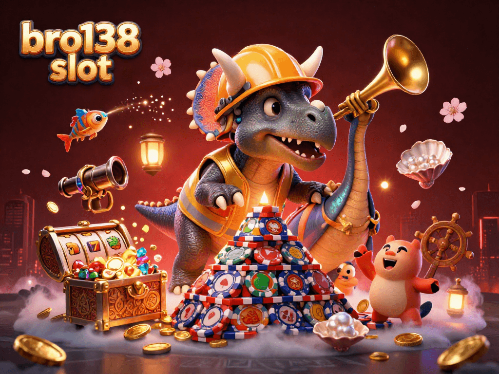 Spin to win on the bro138 slot with a vibrant celebration featuring a triceratops and winning elements.