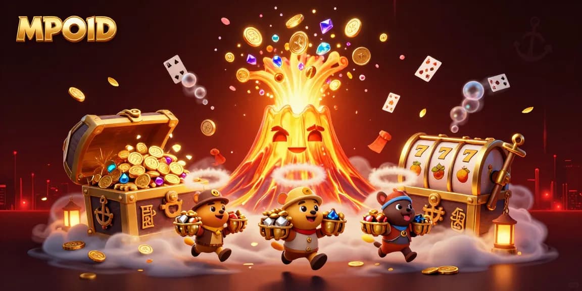 MPOID showcases a vibrant casino scene with a golden volcano and animated treasure elements.