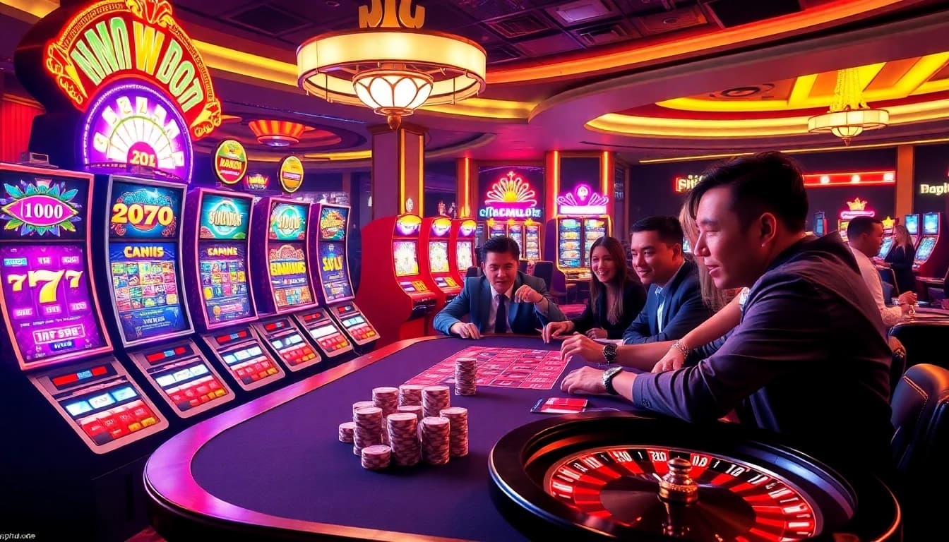 Players enjoying thrilling casino games at https://topnohu.one/ with vibrant slot machines and poker chips.