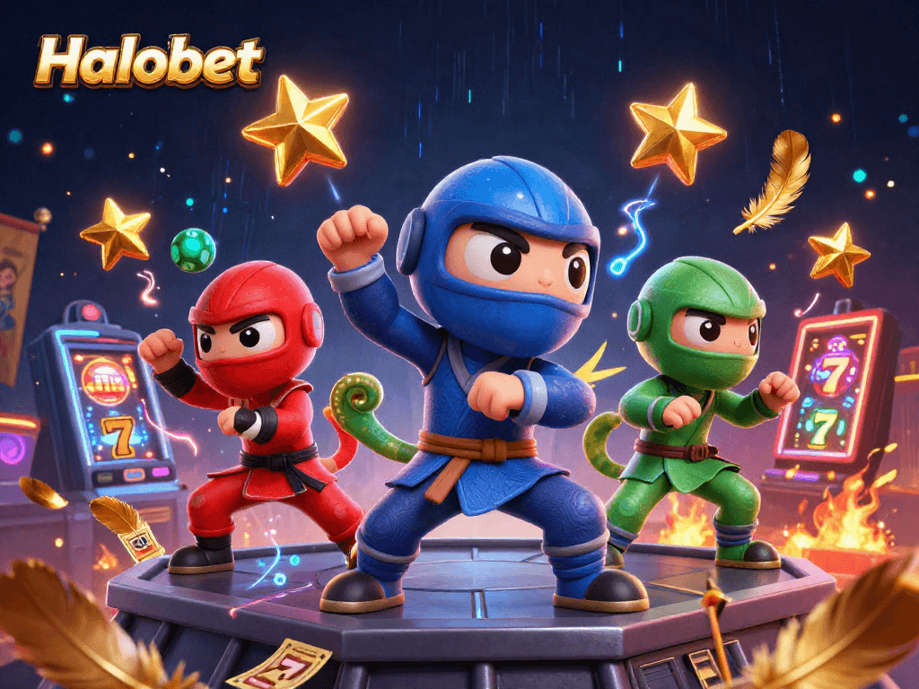 Halobet showcases a dynamic casino scene with ninja chameleons executing martial arts and golden symbols.