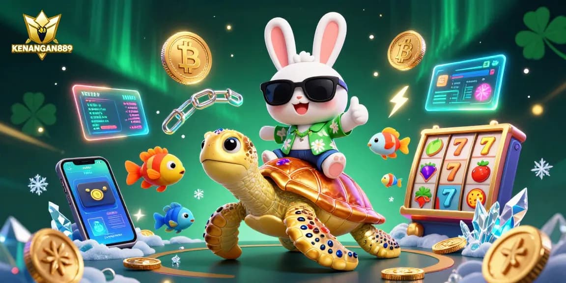 Engage with KENANGAN889 as the playful lucky rabbit rides a golden sea turtle in a vibrant casino scene.