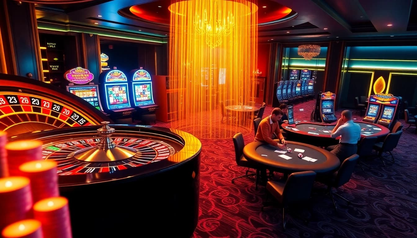 A captivating casino scene featuring a roulette wheel, slot machines, and poker players, evoking excitement in the world of ktpjitu alternatif.