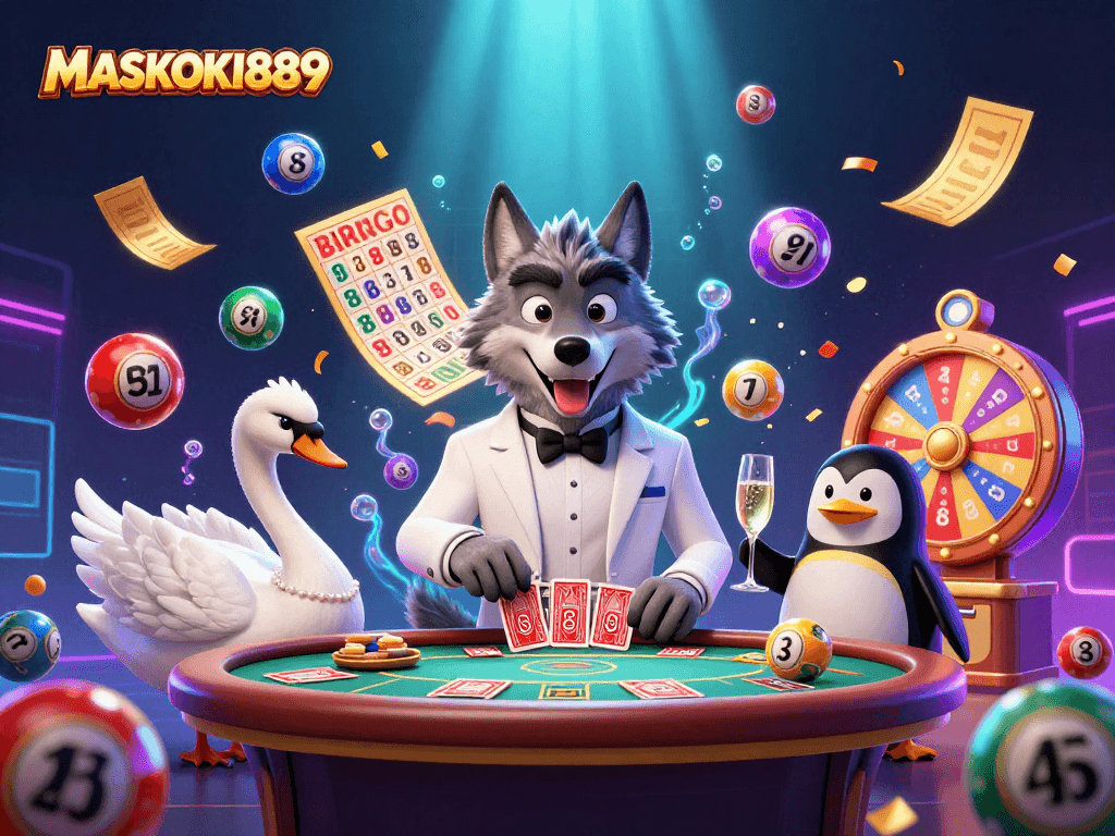 Experience the thrill of MASKOKI889 with a vibrant casino scene featuring animated characters and colorful gaming elements.