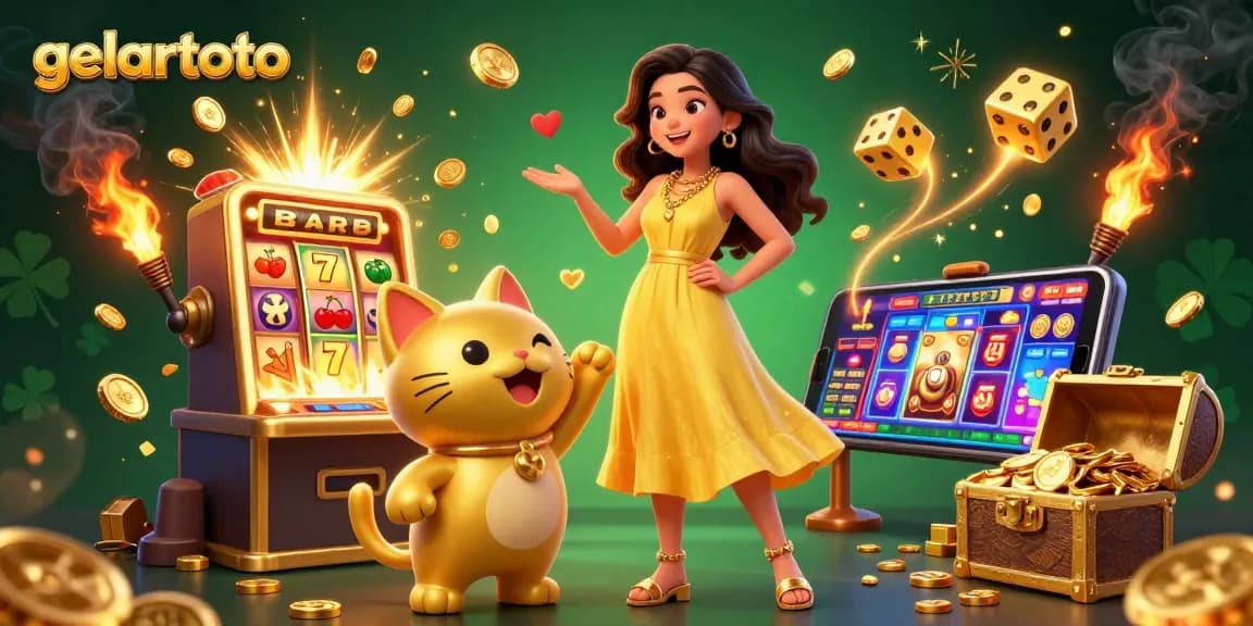 Join the gelartoto excitement with vibrant casino scenes, golden lucky cat, and slot machines!