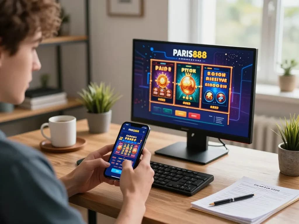 Play slots on Paris888 app on smartphone in a stylish home office setting.