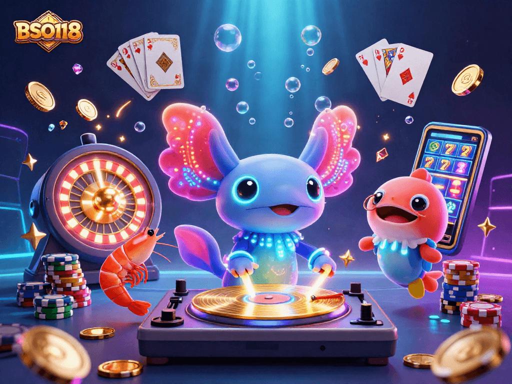 Engage with BSO118's lively casino scene featuring an axolotl DJ and dynamic gambling elements.