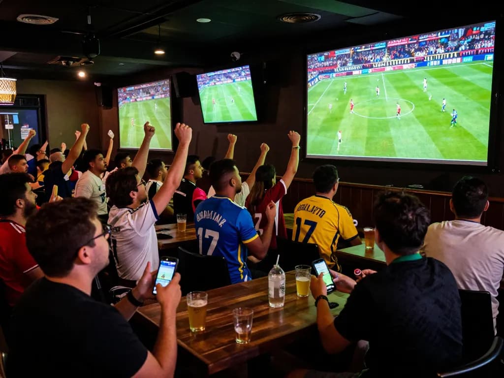 Excited fans engaged in xem bóng đá Socolive while cheering at a sports bar, capturing the thrill of the game.