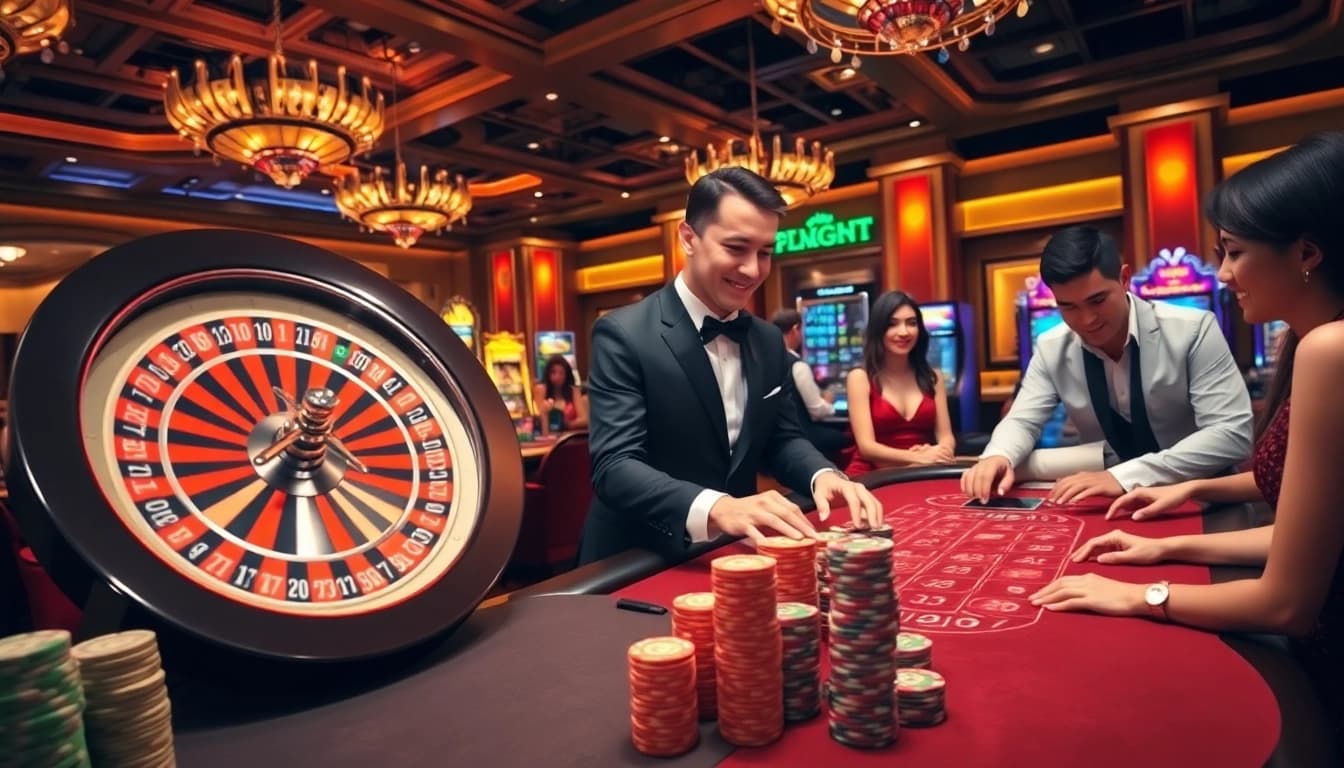 Gambling action at U88 casino with roulette wheel, poker chips, and dealer interaction.