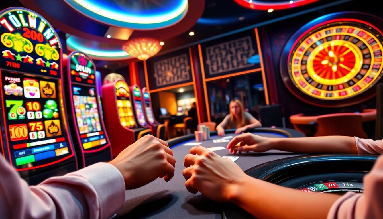 Para pemain menikmati permainan seru di kasino mewah SURYA88, menampilkan slot berwarna-warni dan meja poker.