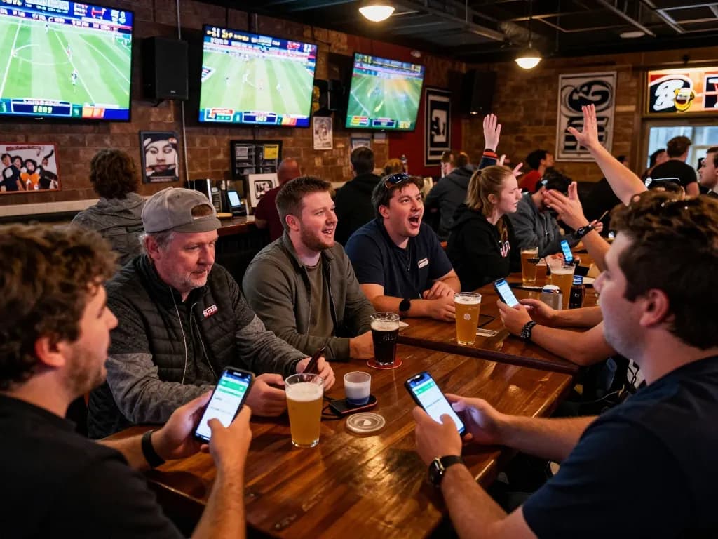 Sports bettors celebrate victories while using 78win78 betting app on smartphones in a lively bar