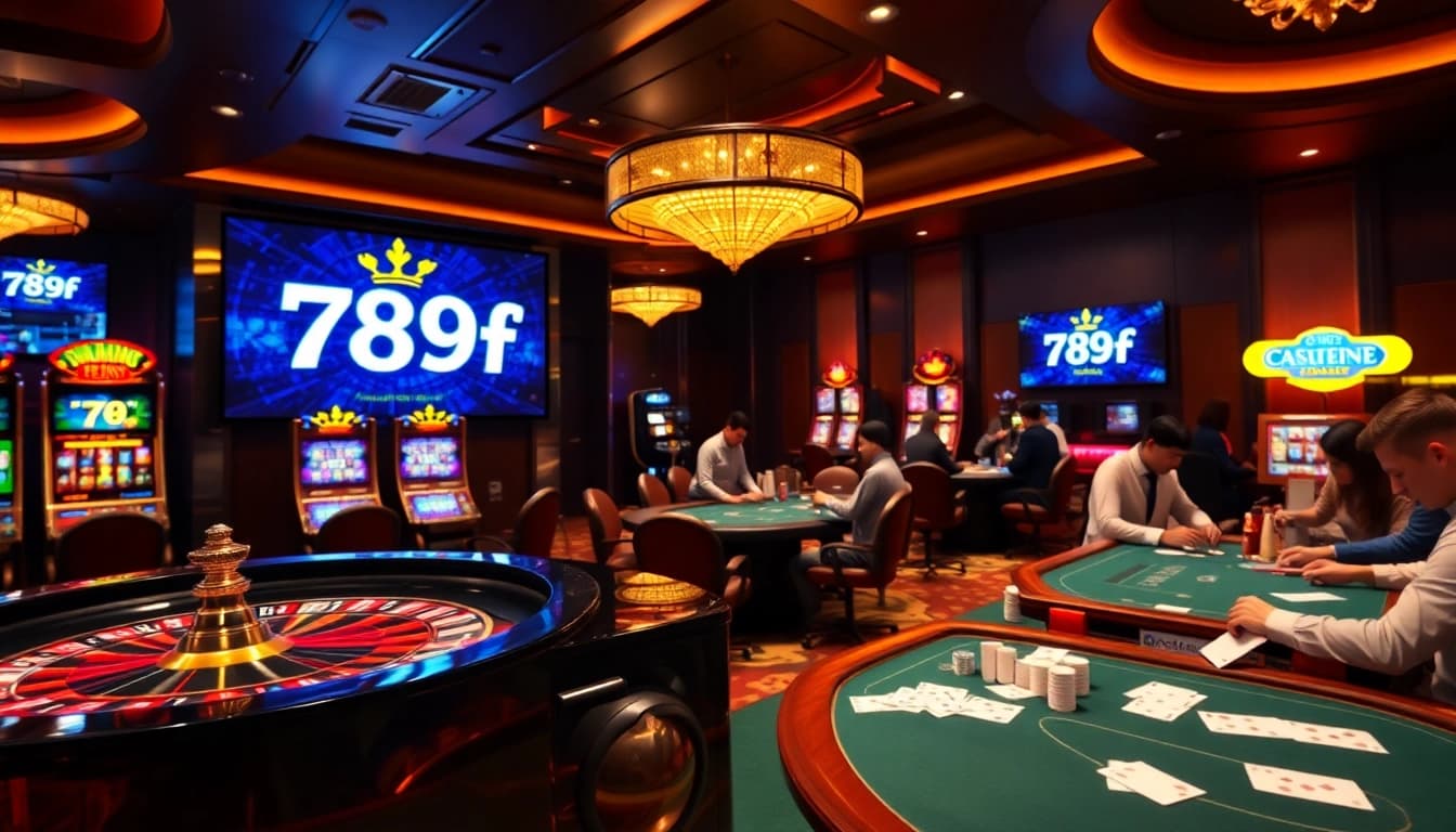 Experience the thrill of online gambling with 789f's vibrant casino scene featuring poker tables and slot machines.