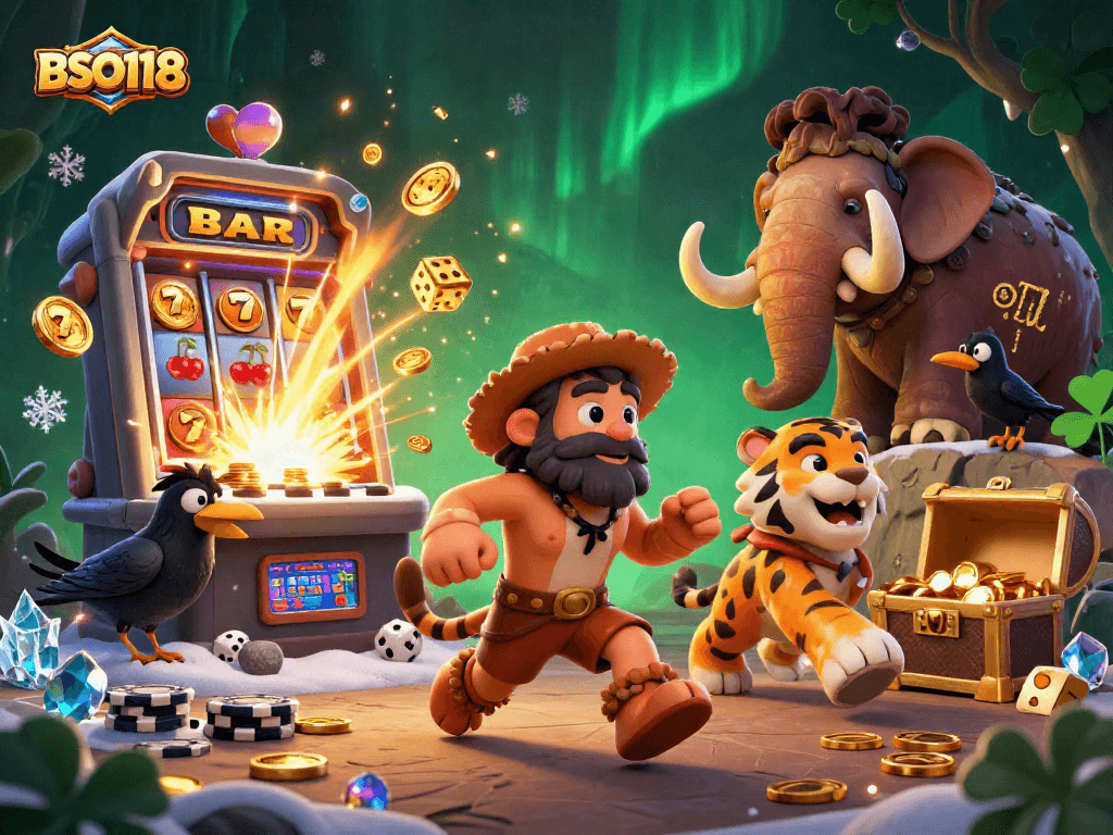 Experience the thrill of BSO118 at this cartoon depiction of a prehistoric casino adventure.