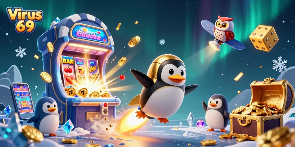 Experience exciting gaming action with Virus 69 and the dynamic golden penguin character!
