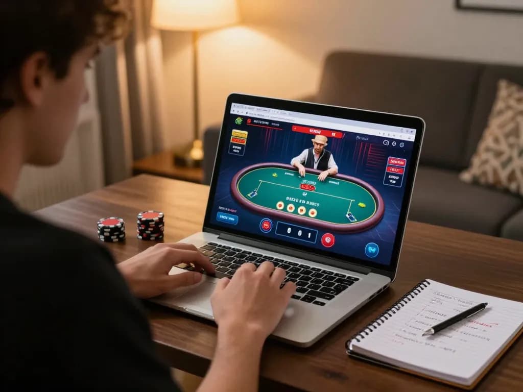 Players strategizing at https://ww88b.com/ poker table on a laptop in a cozy home environment.