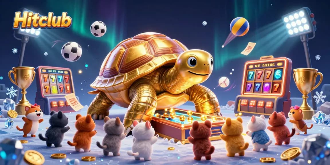 Engage in thrilling gameplay at Hitclub with a vibrant scene featuring a colossal tortoise pinball machine and dynamic sports elements.