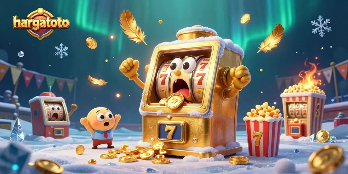 Experience hargatoto's thrilling jackpot with a golden slot machine and cheering characters.