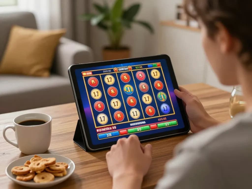 Engaging in link slot online gaming on a tablet in a cozy home setting