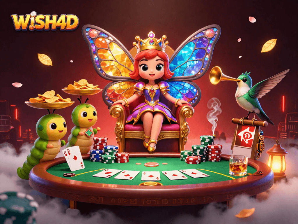 WISH4D brings excitement to the table with a vibrant 3D illustration of a butterfly queen and poker elements.