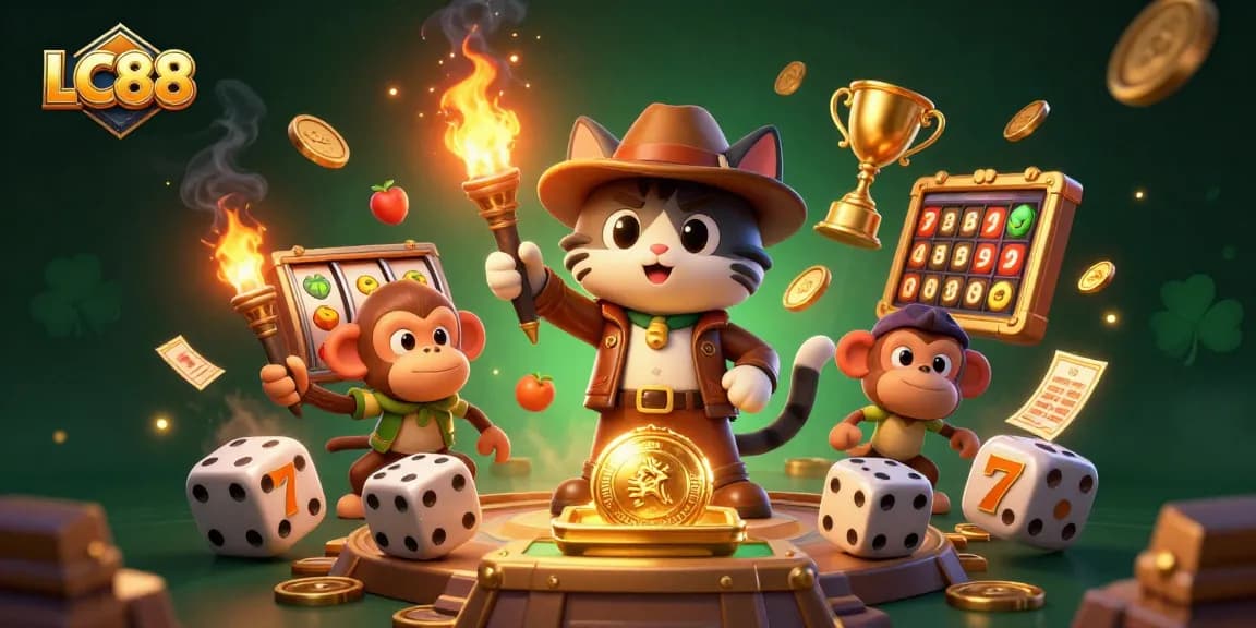 Engage with LC88's thrilling casino world featuring an explorer and a monkey discovering golden artifacts.