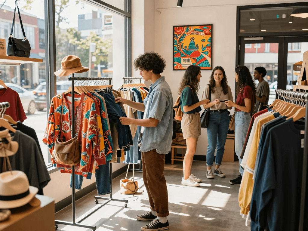 Young adult shopping in trendy urban store, bro138 fashion inspiration.