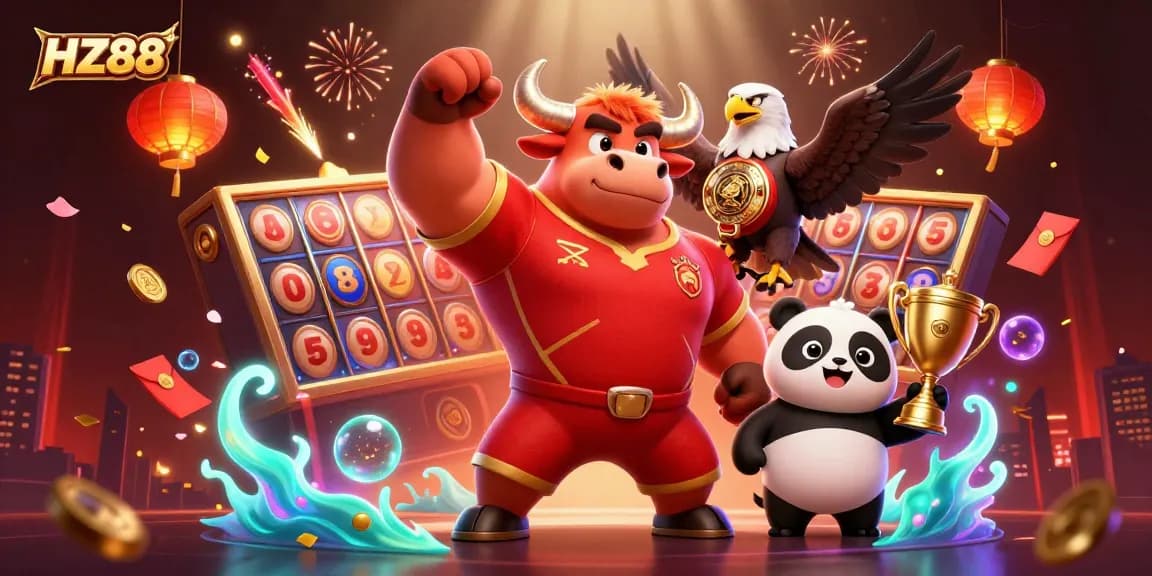 Experience thrilling gaming at HZ88 with vibrant characters celebrating and dazzling elements surrounding them.