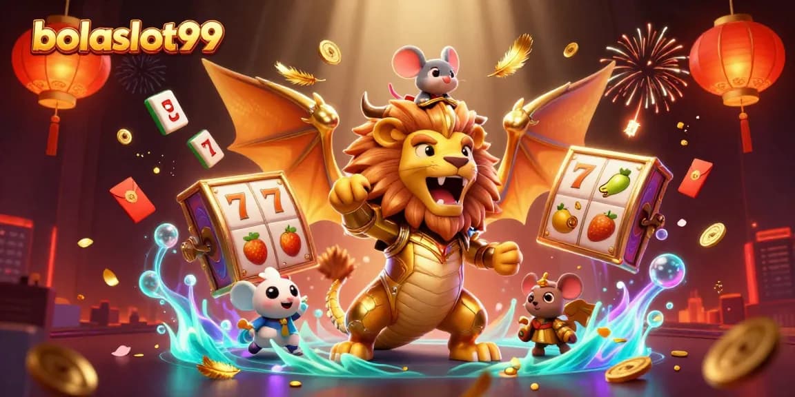 Bolaslot99 showcases thrilling slot action with a roaring chimera and mouse jockey, featuring vibrant game elements.