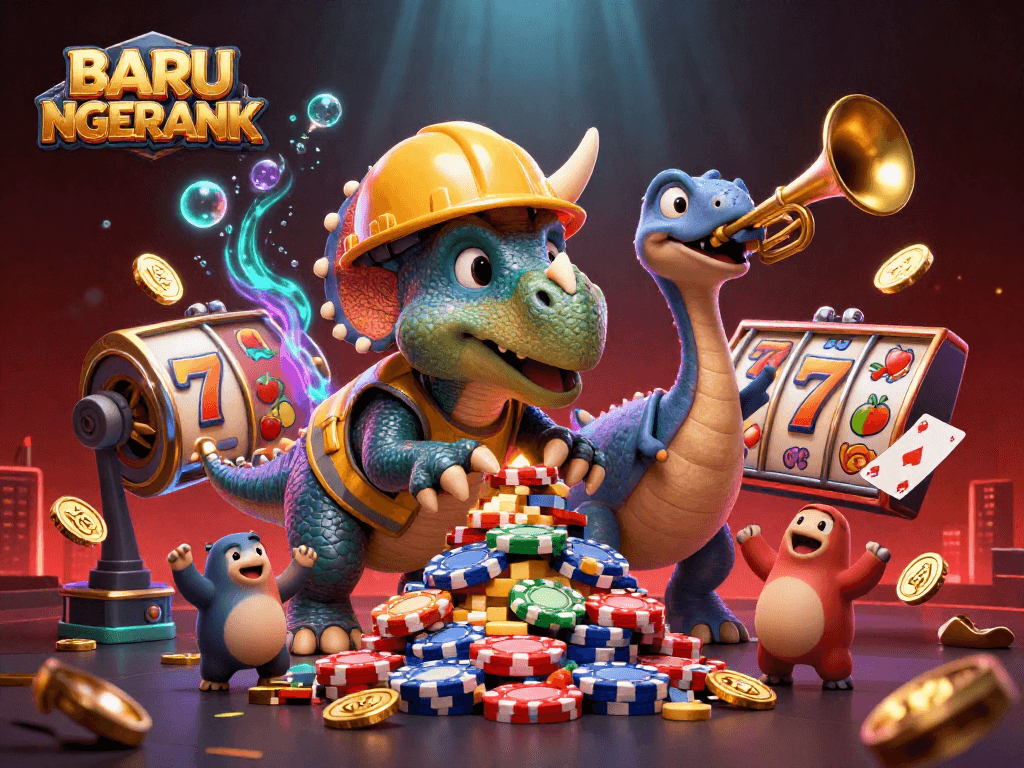 Engage in thrilling gameplay at BARU NGERANK with dynamic slots, poker cards, and colorful casino elements.