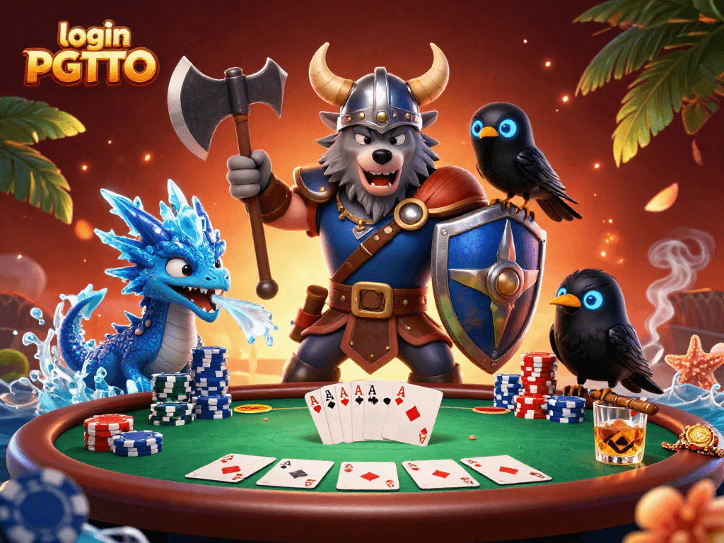 Experience login PGTOTO with a vibrant 3D illustration featuring poker elements and engaging characters.