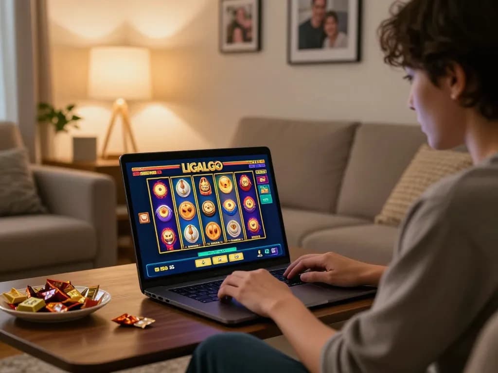 LIGALGO Slot gameplay shown on a laptop while a player engages at home, highlighting comfort and strategy.