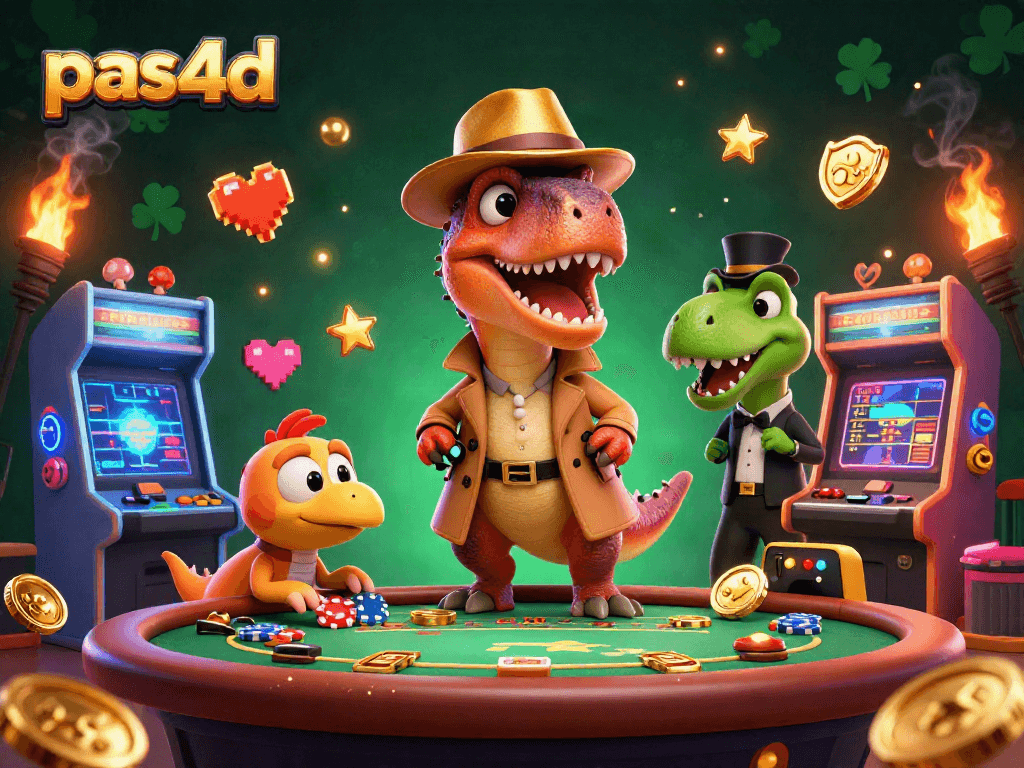 Menghitung kartu dengan velociraptor di meja blackjack, berinteraksi di dunia pas4d yang cerah.