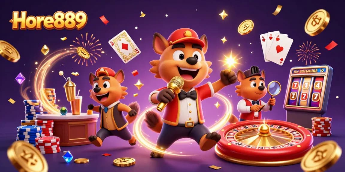 Experience the thrill of gaming at Hore889, featuring lively cartoon hyenas in a vibrant casino setting.