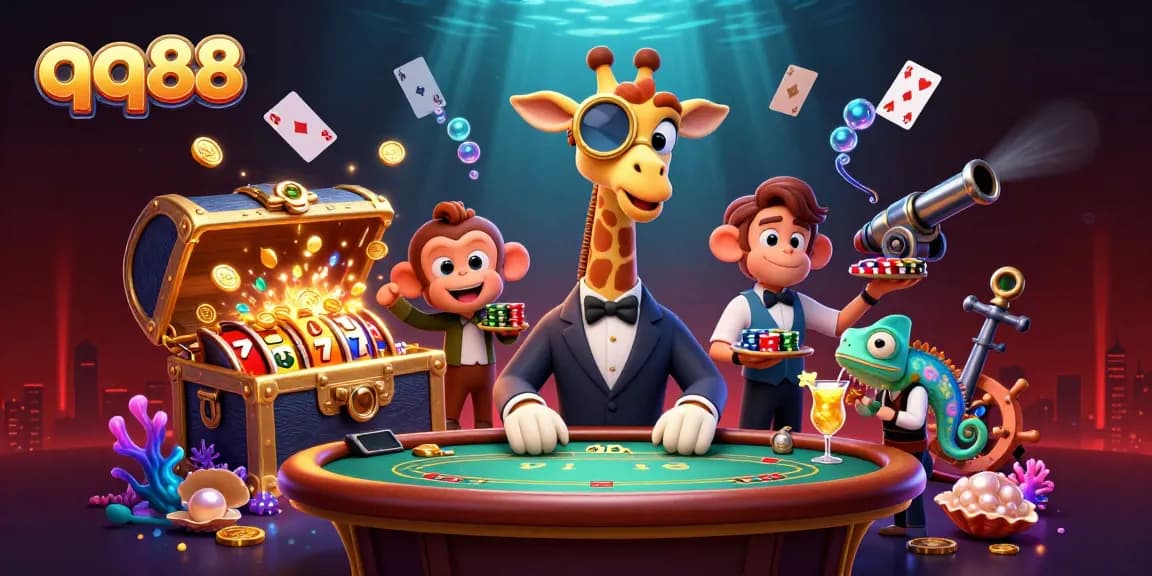 Join the high-stakes action at qq88 with a whimsical giraffe, monkey valet, and chameleon bartender!