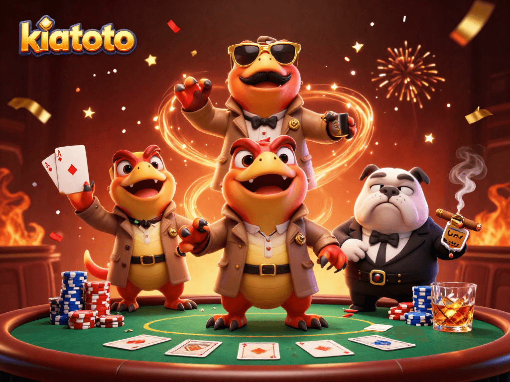 Kiatoto offers a thrilling poker experience with raptors and a bulldog bouncer in a dynamic casino scene.