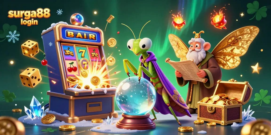 Experience thrilling wins with Surga88 login amidst vibrant casino symbols and characters.