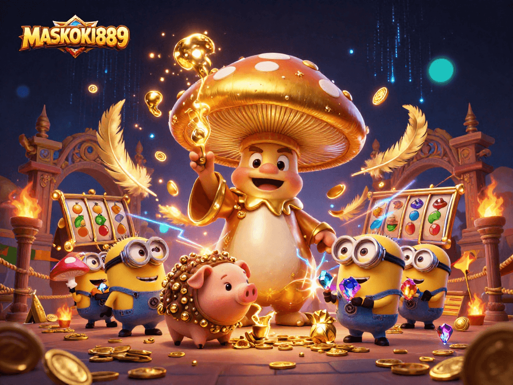Players experience excitement with MASKOKI889's vibrant online casino gaming scene, featuring magical characters and golden treasures.