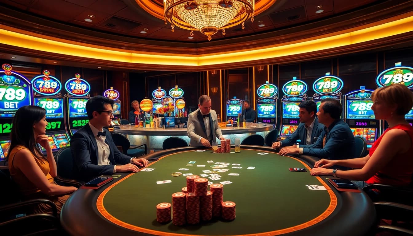 Gamblers enjoying a high-stakes poker game at 789 BET casino, surrounded by vibrant slot machines.