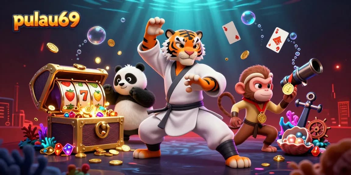 Pulau69 players engaging in vibrant casino illustration featuring a kung fu tiger master in action.