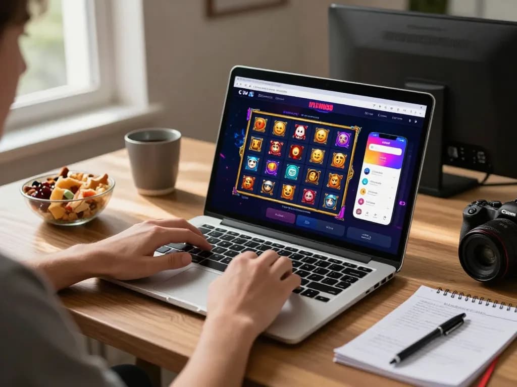 Engaging with IDCWIN88 Official in a cozy home office, animated slot reels on laptop screen.